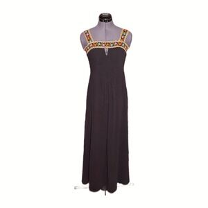 Peekaboo Vintage 70s‎ Boho Floral Embroidery Black Sheer Maxi Dress B32 W28 XS/S